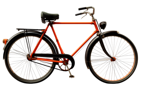 Classic orange bicycle with black accents on transparent background