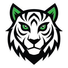 Obraz premium tribal tiger head, detailed high resolution vector illustration, clean bold lines, modern stylized, green glowing eyes, black and white, dynamic composition, 