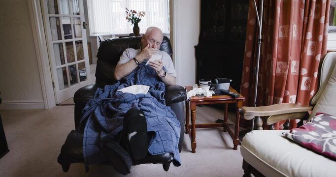 Sick cough, tissue and senior man recover from covid 19, corona virus infection or runny nose from allergy. Home rehabilitation, tuberculosis and elderly person with cold, flu or fever health problem