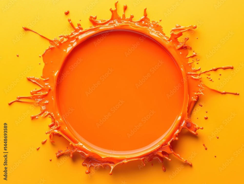 Poster vivid orange paint splash in circular frame on yellow background creating dynamic abstract design an