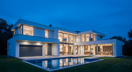 Fototapeta premium Modern Home Exterior with Swimming Pool at Twilight Hour