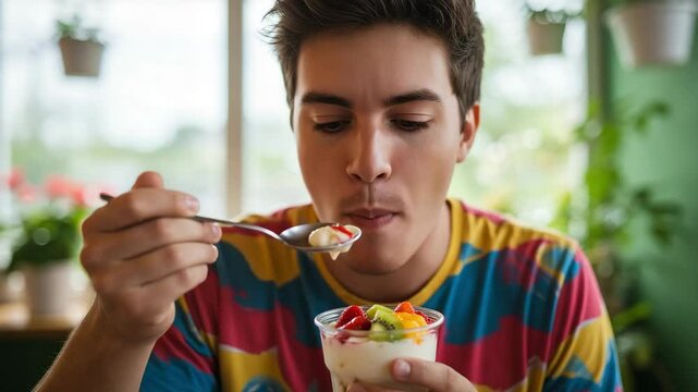 Happy young man enjoying fruit parfait in colorful cafe with bright window background