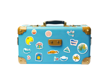 Isolated Light Blue Suitcase with Decorative Stickers