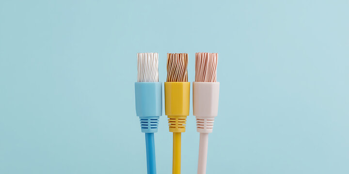 Three colorful cables stand in a row against a calming blue backdrop. Wires are twisted and exposed, adding texture to the clean design.