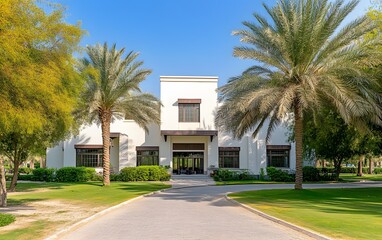 Luxury White Villa Exterior with Palm Trees and Lush Landscaping