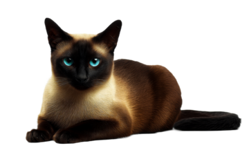 Siamese cat relaxing with striking blue eyes on transparent background
