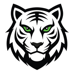 Obraz premium white tiger face, detailed, photorealistic, dramatic lighting, green eyes, sharp teeth, animal portrait, minimalist style, digital art 