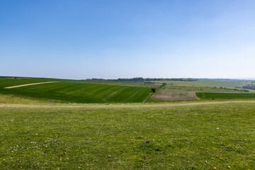 A view out from Ditchling Beacon in the South Downs, on a sunny spring day