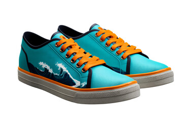 Stylish sneakers with ocean wave design on transparent background