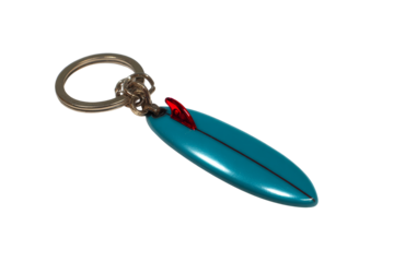 Colorful turquoise surfboard keychain with red detail for beach lovers