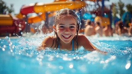 Joyful young girl swims with a happy smile, creating splash in blue pool at waterpark on sunny day, background water slide.