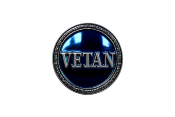 Blue circular emblem with VETAN text on transparent background