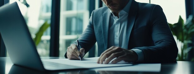 A businessman is sitting at his desk in an office, signing documents with a pen and paper He wears business attire such as a suit or blazer over a shirt and tie Generative AI