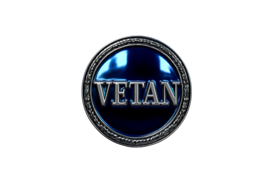 Blue circular emblem with VETAN text on transparent background