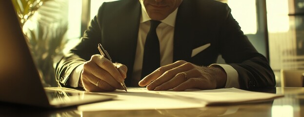 A businessman is sitting at his desk in an office, writing on paper with a pen while using a laptop computer He wears a suit and a white shirt Generative AI