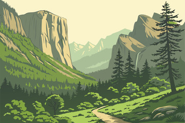 Fototapeta premium Scenic mountain valley landscape illustration with lush green trees and hiking trail