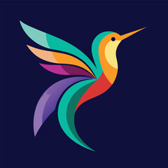 Obraz premium A colorful, abstract hummingbird with vibrant, geometric wings and a long, sharp beak, against a deep blue background, digital art, highly detailed, 8k 