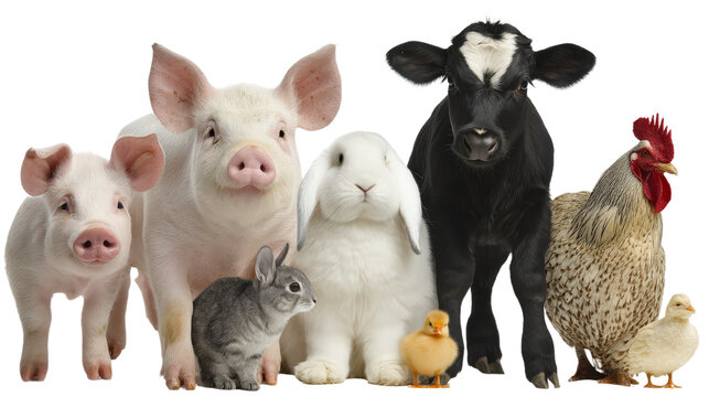 various farm animals, isolated, transparent, png, background, cutout