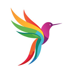 Obraz premium colorful hummingbird, vibrant rainbow feathers, dynamic bird in flight, geometric abstract avian design, digital art style, smooth gradients, vivid colors 