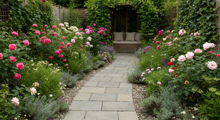 Romantic Garden Path Lined With Roses Leading To Shaded Seating Area