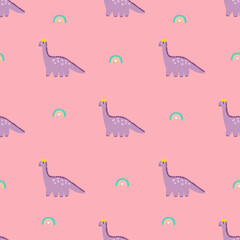 dinosaur girl in yellow bow seamless pattern with rainbow elements, kids fabric and textile texture, nursery decoration, accessories.