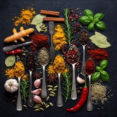 Herbs and spices for cooking on dark background stock photo