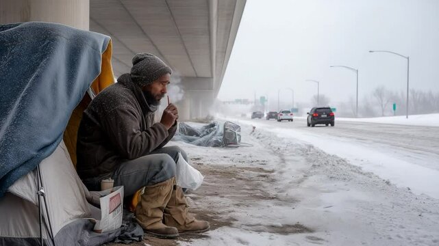Homeless man eating and smoking under bridge in winter