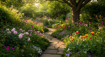 Romantic Stone Path Winding Through Lush Flower Garden Scenery