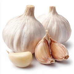 Fresh garlic bulbs and cloves still life on white background
