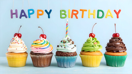 Decorated cupcakes with birthday candles