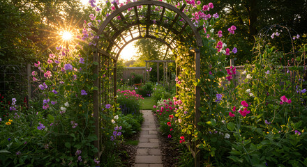 Enchanting Floral Garden Path Under Trellis Arches in the Evening Sunlight