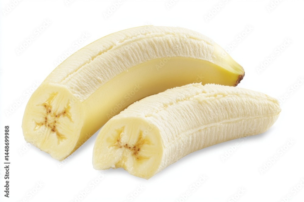 Poster two sliced bananas on a white background in a studio setting with soft lighting and a close-up shot 