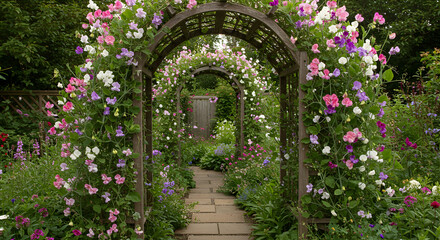 Fototapeta premium Floral Pathway Through Romantic Trellis Garden With Sweet Pea Flowers