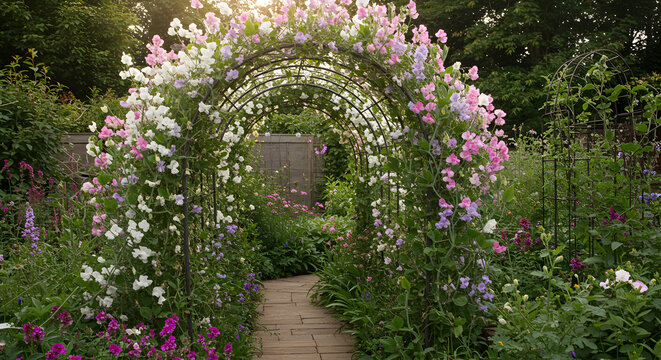 Sweet Pea Archway Embraces a Garden Path on a Summer Day