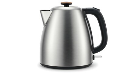 A modern electric kettle isolated on a white background, side view, stainless steel texture, clean lighting, minimal design, realistic details