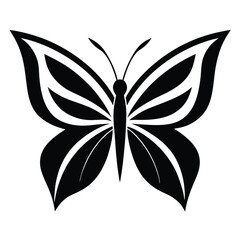 Obraz premium Black and white butterfly illustration, minimalist design, symmetrical wings, bold graphic style, high contrast, simplified shapes, silhouette art, vector-like image, clean lines, stylized insect, 