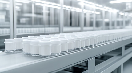 Fototapeta premium Automated Pharmaceutical Manufacturing: Rows of white, closed containers move along a conveyor belt in a clean, controlled factory setting.