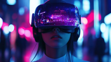 Exploring virtual reality technology a futuristic experience in a neon city environment