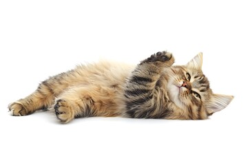 Fototapeta premium Adorable fluffy kitten playfully lying on its back paws up against a bright white background showcasing its soft fur and