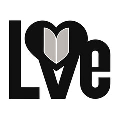 Fototapeta premium Typographic love design, heart-shaped book pages, black and white contrast, minimalist graphic art, bold letters, symbolic representation, vector illustration style, clean lines, conceptual book lover