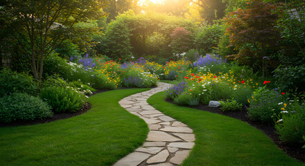 Obraz premium Serene Garden Path Flowing Through Lush Greenery And Vibrant Blooms
