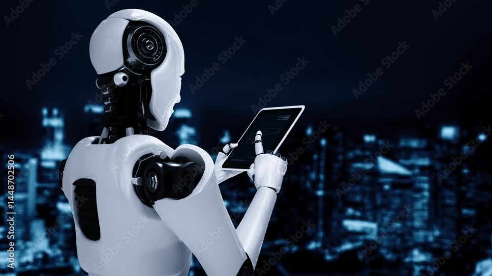 Poster robot hominoid using tablet computer for big data analytic using ai thinking brain , artificial inte