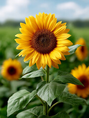 Fototapeta premium Sunflower in focus in a green field with blurred background.