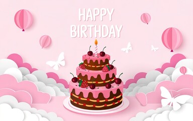 Pink Birthday Cake with Cherries, Strawberries, Balloons and Clouds, Paper Art Style