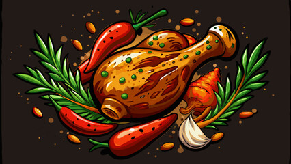 Golden-brown chicken legs mid-fall in motion.
Sprinkled with rosemary, chili, and cracked pepper.
A fiery feast against a deep black canvas.
Great for dynamic food illustrations.

