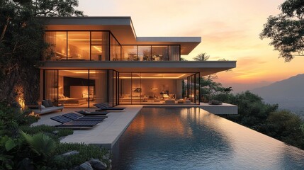 Fototapeta premium A breathtaking luxury villa perched on a hillside, overlooking a vast valley bathed in golden sunset light.