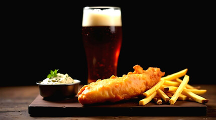 Cold draft beer paired with crispy battered fish, French fries and a tasty sauce at a bar, tavern or pub.