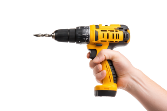 Isolated Hand Holding Yellow Cordless Drill