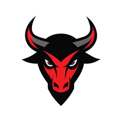 Stylized bull logo, red and black color scheme, fierce bull head, angular design, sharp horns, minimalist illustration, sports team mascot, graphic design, vector art, bold lines, 