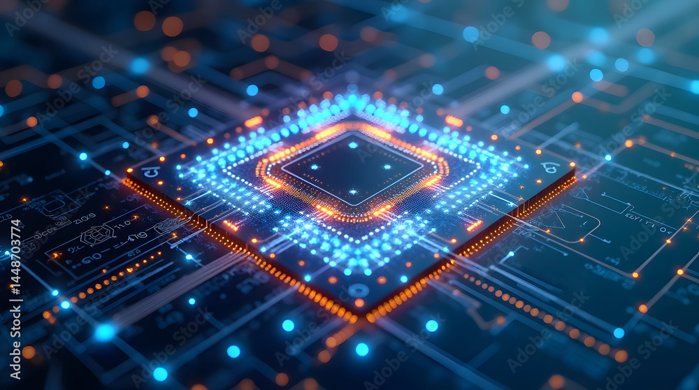 Aufkleber Advanced microprocessor with glowing circuitry on a blue circuit board in a modern digital environment